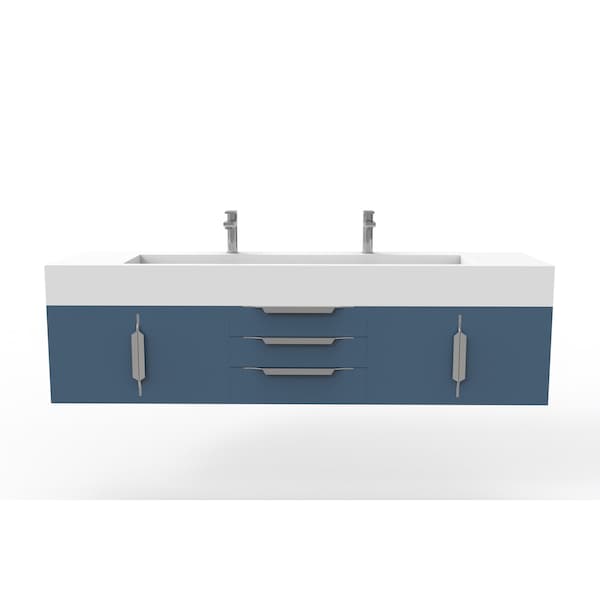 Castello Usa Nile 72" Wall Mounted Blue Vanity With White Top And Brushed Nickel Handles CB-MC-72BLU-BN-2053-WH - main